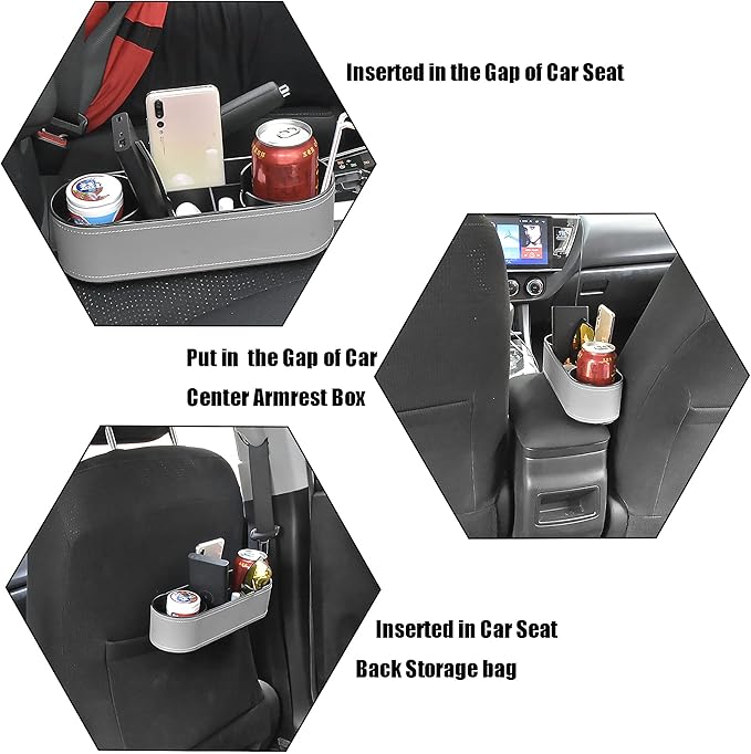 iokone Coin Side Pocket Console Side Pocket Leather Cover Car Cup Holder Auto Front Seat Organizer Cell Mobile Phone Holder (Slim-Gray)