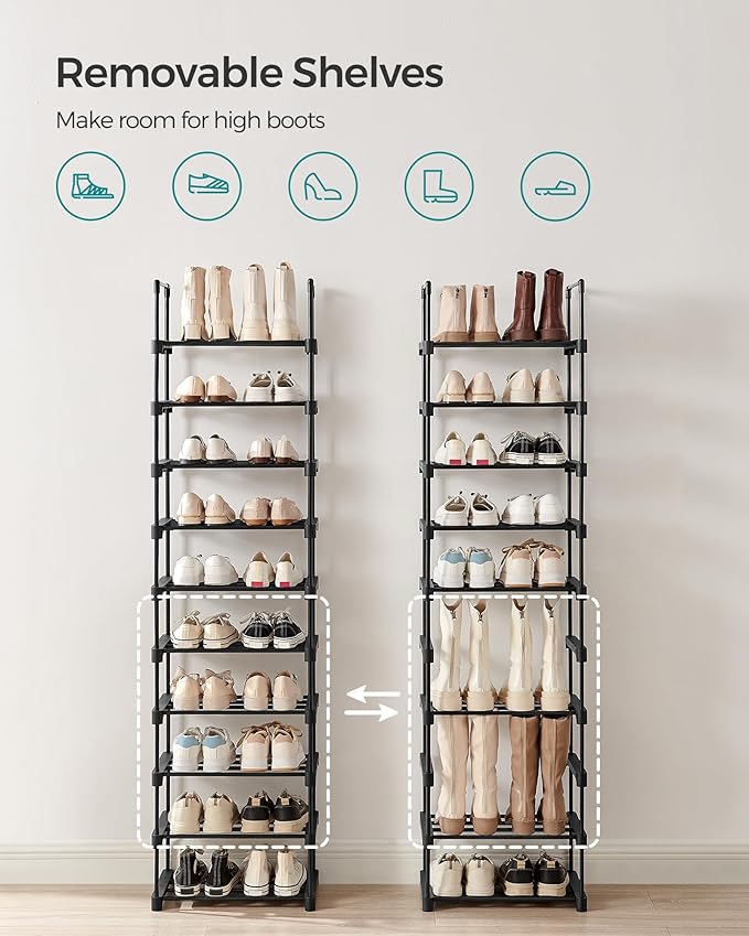 SONGMICS Shoe Rack, 10-Tier Shoe Organizer, Metal Storage Shelf, Upright or Upside Down, for 11-22 Pairs, for Entryway, 11.8 