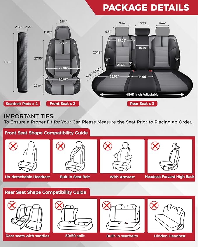 FREESOO Black Gray Car Seat Covers Full Set - Faux Nappa Leather Seat Covers for Cars, with Front Seatbelt Pads, Luxury Water