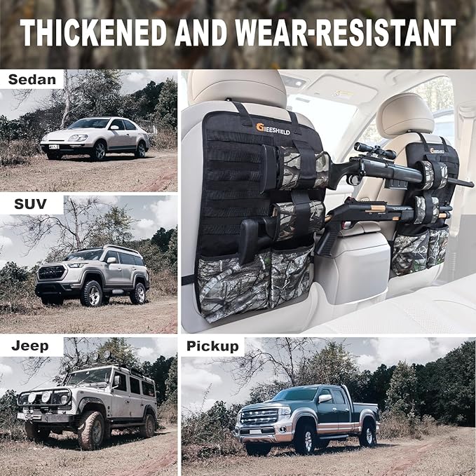 Truck Gun Rack（Set of 2）, Seat Back Gun Rack with Adjustable Straps, 600D Oxford Cloth, Universal Rifle Holder, PVC Coated, Secure Storage Pockets for Hunting Gear, Easy to Install Vehicle Gun Rack