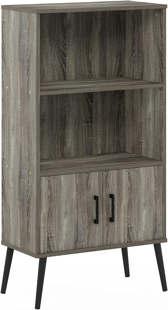 Furinno Claude Mid Century Style Accent Wooden Leg Bookcase Cabinet with Storage Organizer Shelves, French Oak Grey