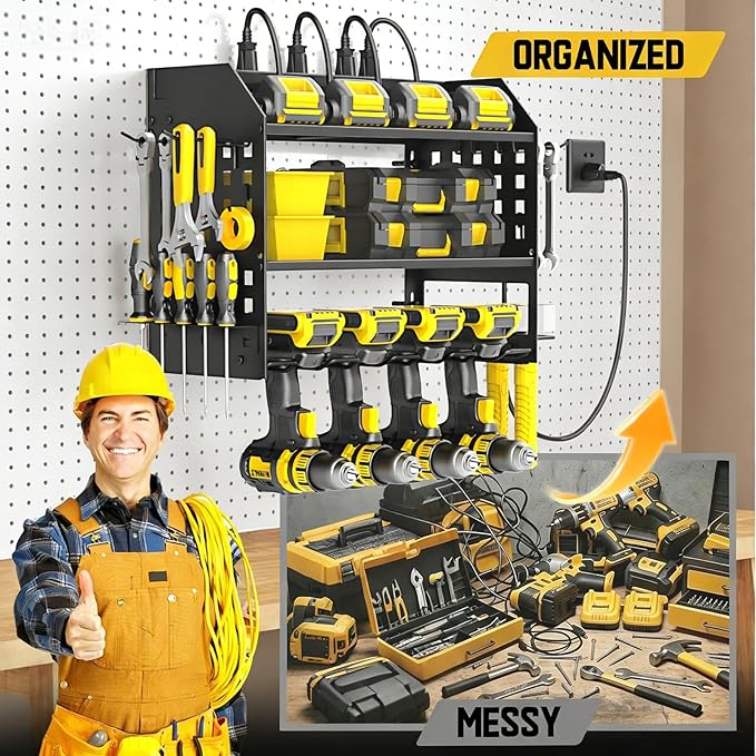 SPACECARE Power Tool Organizer with Charging Station 6 Outlets, 3-Layer Heavy Duty Wall Mount Drill Storage Rack, Cordless To