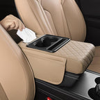 FREESOO Car Center Console Cover, Leather Armrest Cover for Car, Universal Middle Console Cushion with Storage Box, Cup Holder, Tissue Box & Phone Slot, Luxury Waterproof Interior Accessories, Beige
