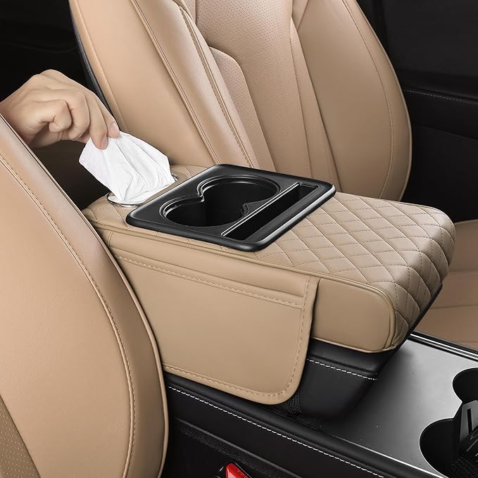 FREESOO Car Center Console Cover, Leather Armrest Cover for Car, Universal Middle Console Cushion with Storage Box, Cup Holder, Tissue Box & Phone Slot, Luxury Waterproof Interior Accessories, Beige