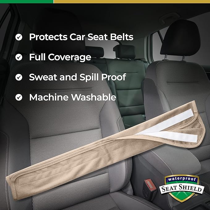 Seatbelt Covers - Removable Car Seat Belt Cover for Women, Men, Kids - Tan 20 in Long Waterproof Seat Belt Cushion with Protection from Sweat and Odor for All Vehicles