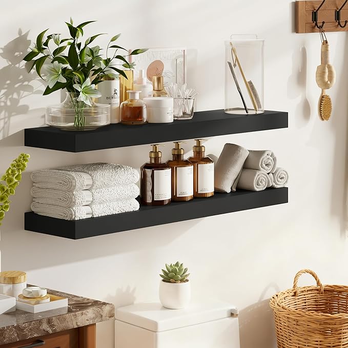 BAMEOS Bamboo Floating Shelves Wall Mounted Wooden Shelves with Invisible Brackets Set of 2, Hanging Wall Decor for Bedroom, 
