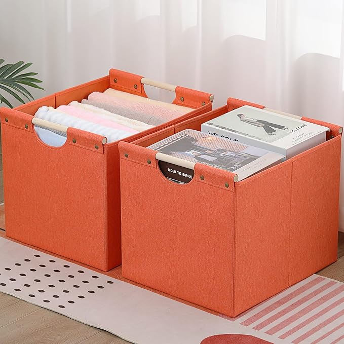 HOONEX Large Collapsible Storage Bins, Linen Fabric, Pack of 2, Storage Baskets with Wooden Carry Handles and Sturdy Heavy Ca