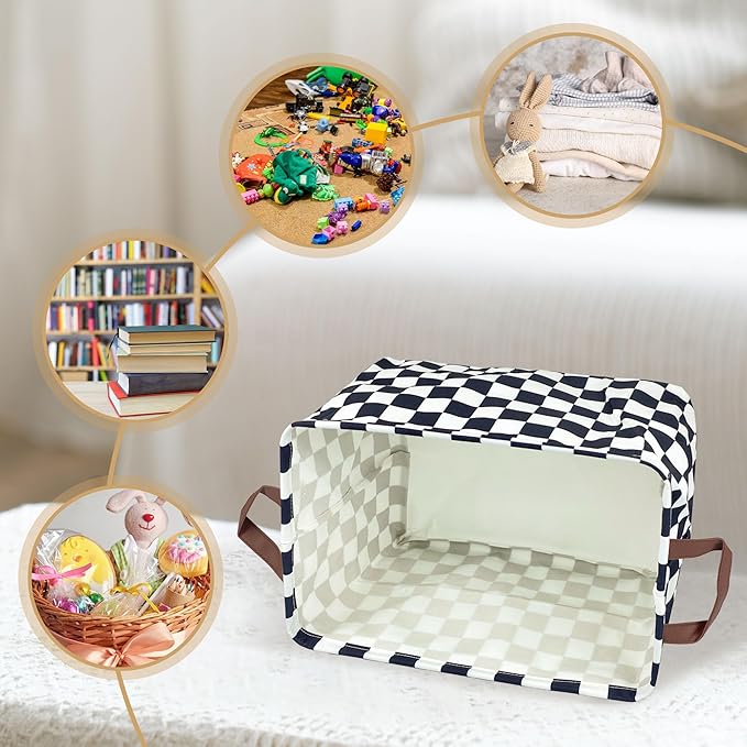 Checkered Storage Basket Waterproof Canvas Toy Storage Bin Race Car Room Decor Collapsible Outdoor Basket with Leather Handle