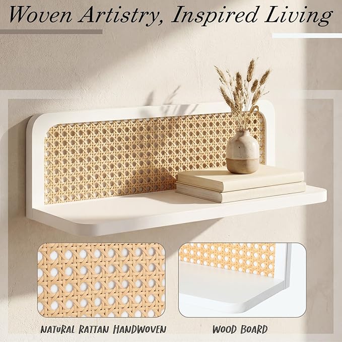 Kathfly Floating Shelves for Wall Set of 4 Mounted Rustic Boho Rattan Wood Wall Shelves for Bathroom Bedroom Living Room Kitc