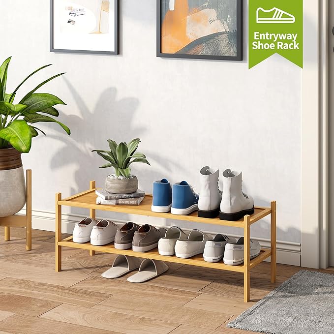 BMOSU 2-Tier Bamboo Extended Shoe Rack Premium Stackable Shoe Shelf Storage Organizer for Hallway Closet Living Room Entryway