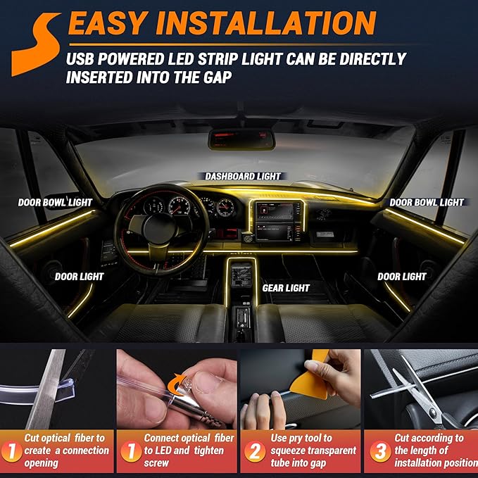 Interior Car LED Strip Lights 315 inches Fiber Optic tubing USB Powered RGB 6 in 1 Car Neon with Wireless APP and Remote Control, Ambient Lighting Kits 16 Million Colors,Sync to Music
