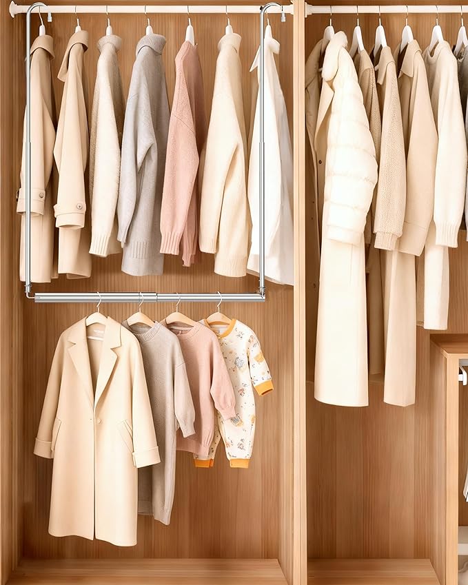 Hanging Closet Rod, Adjustable Height & Width Closet Rods for Hanging Clothes-Closet Extender Hanging Rod Space-Maximizing De