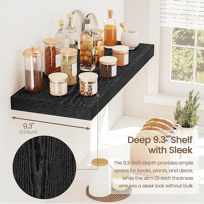 Vivelove Floating Shelves 24 Inch, Black Wall Shelves Over Toilet with Invisible Brackets for Bathroom Living Room Kitchen Be