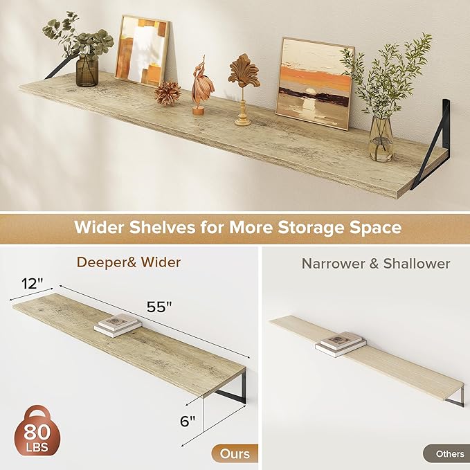 Deep Floating Shelves Wall Mounted, 55"x12" Gray Wall Shelves with Brackets Set of 2 for Bedroom, Living Room, Bathroom, Kitc