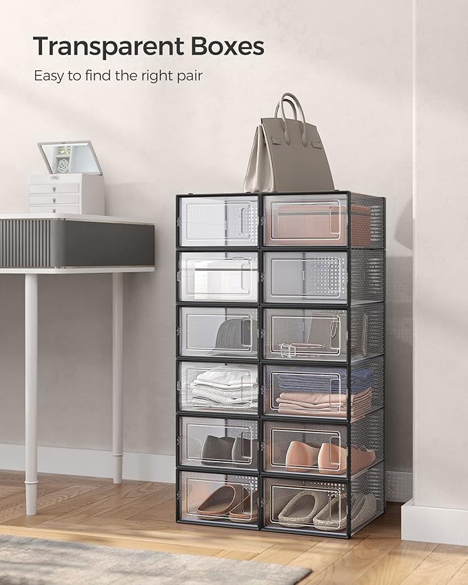 SONGMICS Shoe Boxes, Pack of 12 Shoe Storage Organizers, Stackable Clear Plastic Boxes for Closet, Sneakers, 13.1 x 9.1 x 5.6