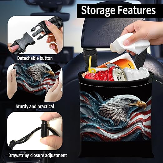 Car Trash Bag Large Hanging Can for Back of Seat, Cute Waterproof Car Garbage Bag for Vehicle, Travelling, Outdoor Cool American Eagle