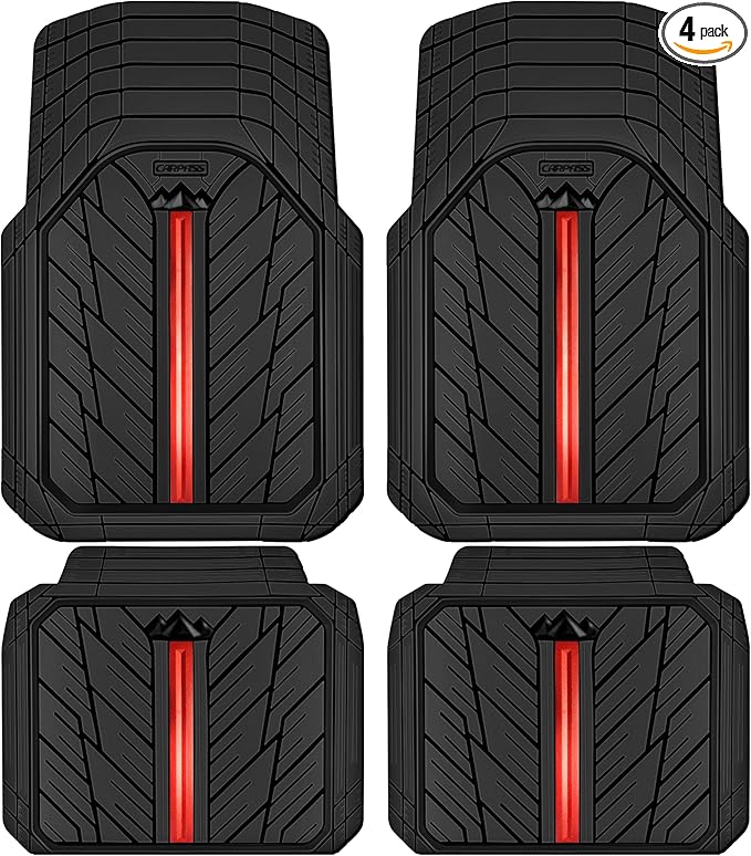 CAR PASS Metal Medium Rubber Floor Mats for Car Heavy Duty Car Mats All Weather, Universal Trim to Fit for Truck SUV Vehicle Automotive Floor Mats, Waterproof Car Mats 4 Piece Black and Red