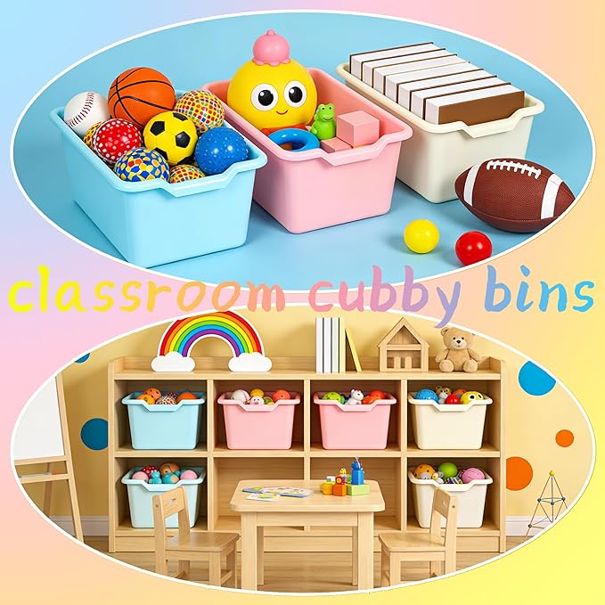 WUWEOT 16 Pack Cubby Bins Classroom Toys Bins, Plastic Books Storage Bins, Easy-to-Grip Stackable Crafts Organizer for Classr