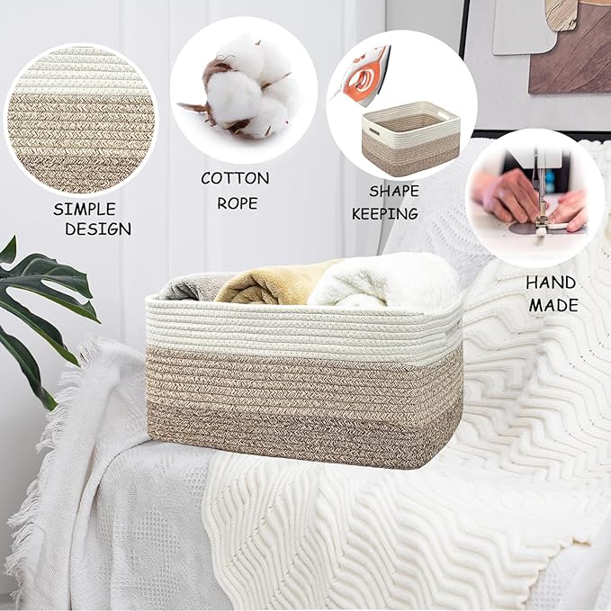 COMFY-HOMI 3 pcs Large Storage Baskets for Shelves, Laundry Basket, Woven Rope Basket, Closet Organizer Bins for Clothes Blan