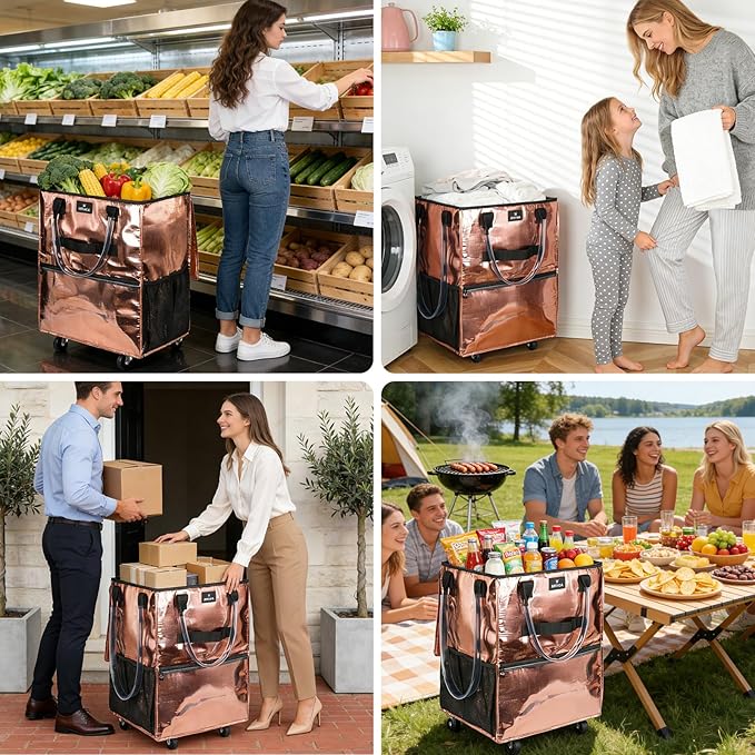 Reusable Grocery Bag On Wheels, 70L Foldable Shopping Cart with 6 Pockets & 3-Way Carry, Heavy Duty Handles, Zipper Closure for Travel, Shopping, Laundry, Medium, Rose Gold