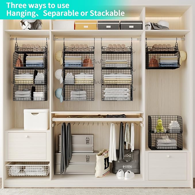 HapiRm Hanging Closet Organizer Storage - 4 Tier Metal Stackable Hanging Closet Shelves with Dividers and S Hooks, Foldable C