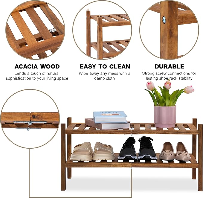 VICTORY RELAX Natural Acacia Wood 2-Tier Folding Shoe Rack – Space-Saving Wooden Shoe Organizer Shelf for Entryway, Hallway, 