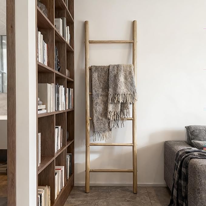 Wooden Blanket Ladder -77x24in Natural & Motley Wood - Leaning Wall Decor for Bedroom, Bathroom, Living Room - Rustic Quilt H