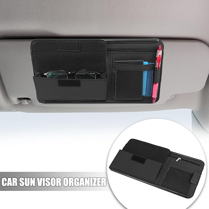 X AUTOHAUX Black Universal Car Sun Visor Organizer Sunglasses Case Storage Pocket Hook and Loop Tape ABS PU Leather for SUV RV Truck