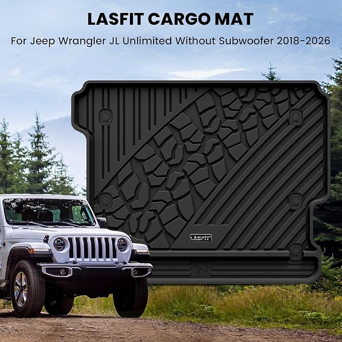 LASFIT Trunk Mat for Jeep Wrangler JL 2018-2025 2026 4 Door Cargo Without SUBWOOFER, All Weather TPE Custom Fit Cargo Mat for Flat Load Floor Gas Type (Not for JK/Not PHEV/Not 2-Door), Black