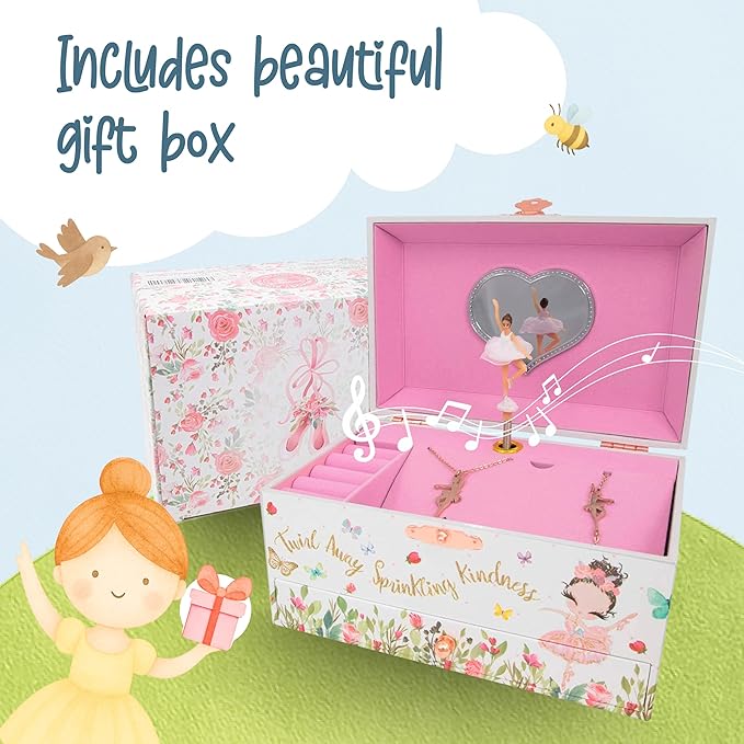 The Memory Building Co Ballerina Musical Jewelry Box Plays Classic Melody, Storage Organizer Music Box for Kids Ages 6-12, MD