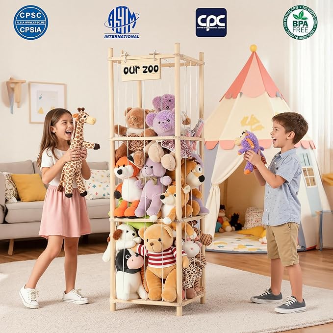 LAMU Stuffed Animal Storage, Wooden Zoo Stuffed Animal Holder with Elastic Cords, Space Save Toy Organizer, Extra Large Capac