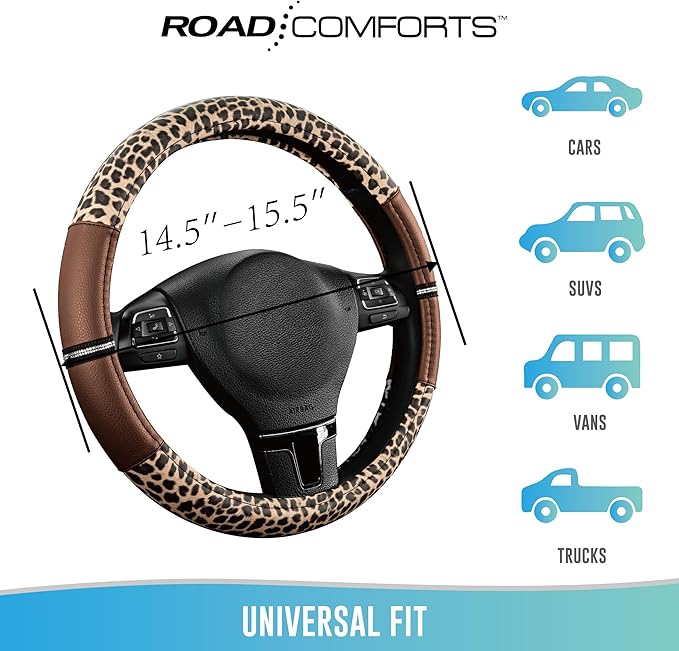 Road Comforts Leopard Steering Wheel Cover for Women, Cute Anti-Slip Microfiber Leather, Universal Fit 14.5-15 Inch Round Ste