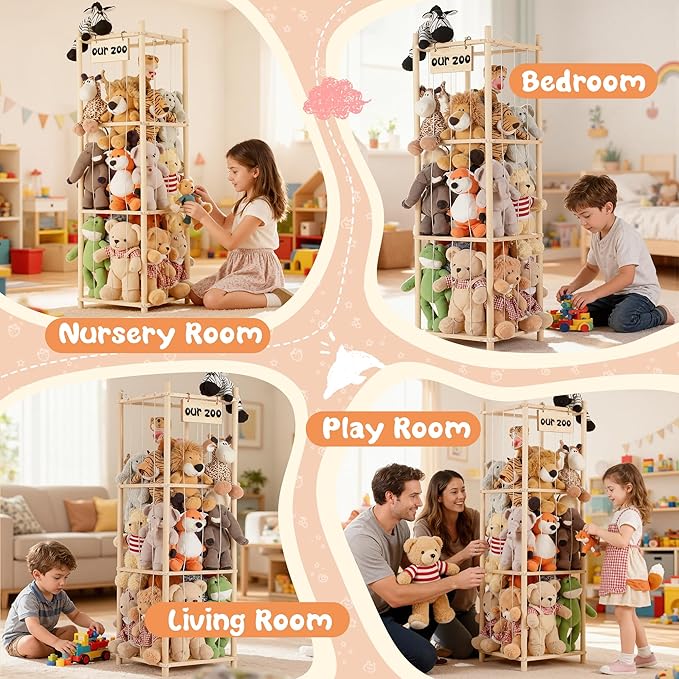 LAMU Stuffed Animal Storage, Wooden Zoo Stuffed Animal Holder with Elastic Cords, Space Save Toy Organizer, Extra Large Capac