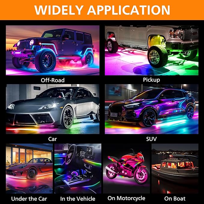 Underglow LED Lights for Cars 252 LEDs RGBI Neon Accent Strip Lights with 16 Million Colors DIY & Music Mode Underbody Exterior Lights Kit for RV SUV Truck Boat 12V