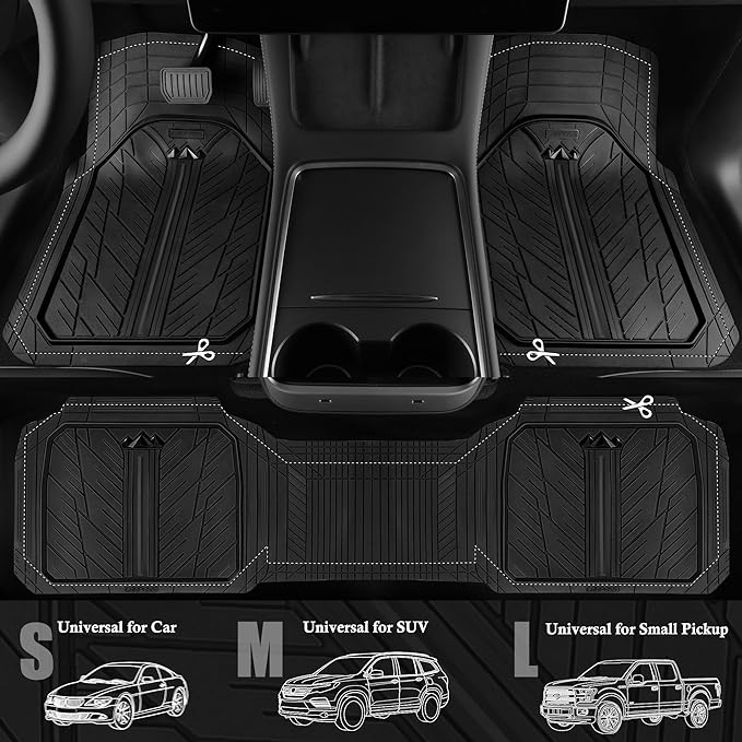 CAR PASS Heavy Rubber Car Floor Mats, Deep Waterproof Car Mats All Weather, Universal Trim-to Fit Automotive Floor Mats for Car SUV Truck Van, Durable Floor Liners Solid Black