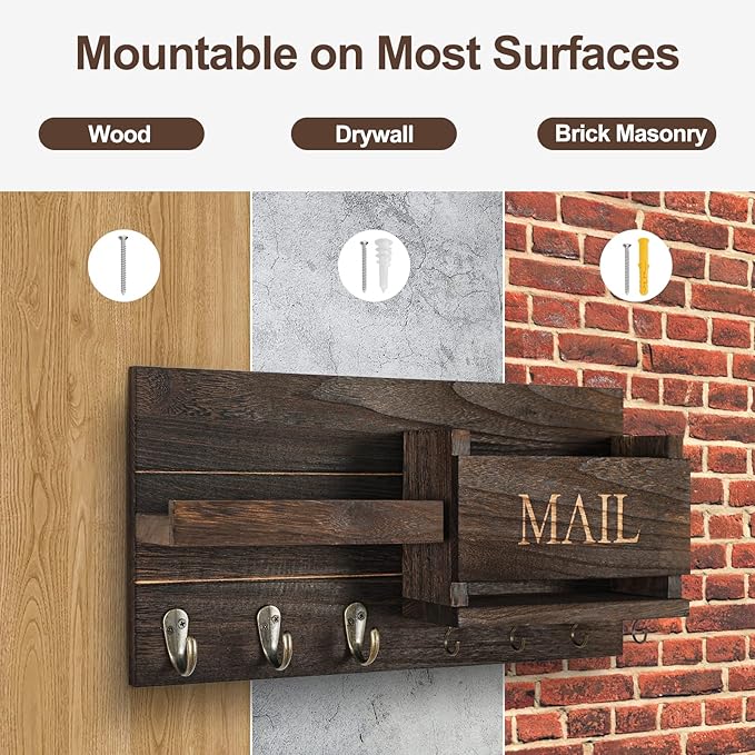Lwenki Mail Organizer for Wall Mount – Key Holder with Shelf Includes Letter Holder and Hooks for Hallway Farmhouse Decor – R