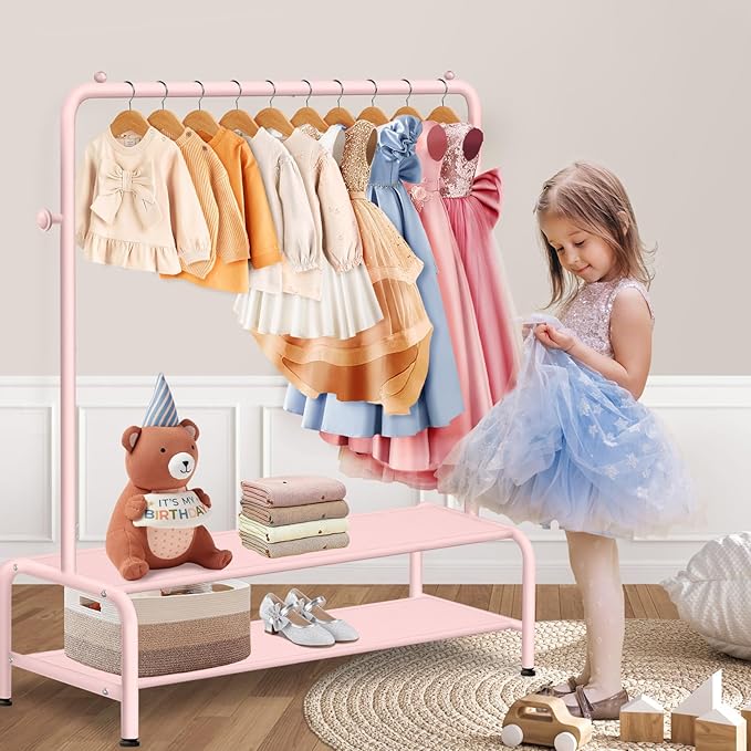 mirolam Kids Clothing Rack - Dress Up Storage - Dress Up Rack for Little Girls - Small Kids Costume Wardrobe with 2 Fabric Sh