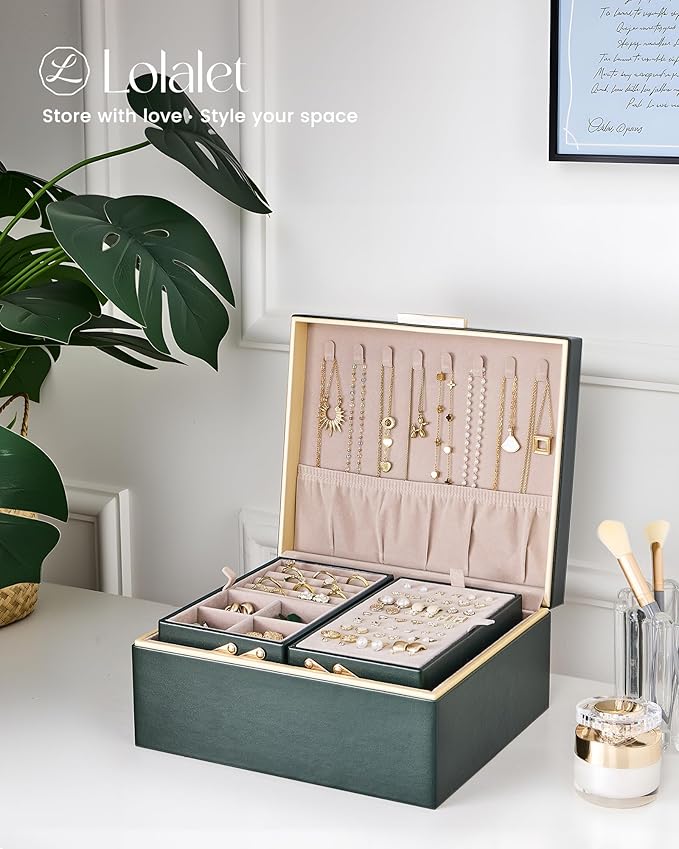 Lolalet Jewelry Box Organizer for Women Girls, 2 Layer Jewelry Organizers and Storage for Necklace Earrings Rings Bracelets, 