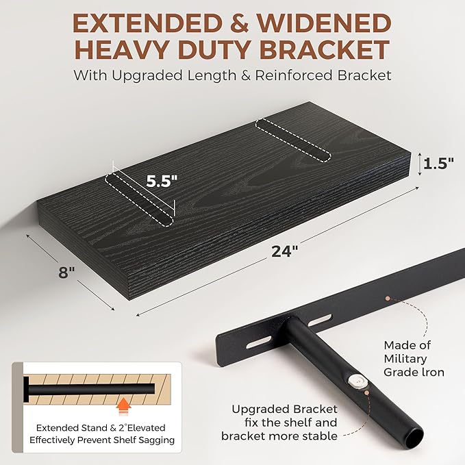Dreamland Black Floating Shelves for Wall,8 Inch Deep Floating Shelves,24" W x 8" D Wall Shelves for Bedroom,Living Room, Kit