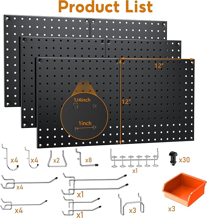 Peg Board, 70PCS Heavy Duty Metal Pegboard with Hooks, 6 Pack Black Peg Board Panels, 50lbs Load Capacity Each, Pegboard Wall