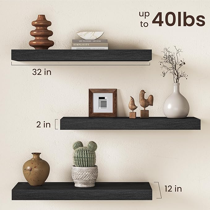32Inch Black Floating Shelves for Wall, 12 Inch Deep Shelves for Bedroom, Kitchen, Bathroom Wall Mounted, Rustic Wood Floatin