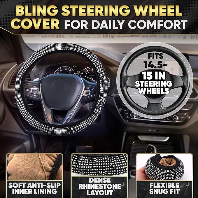 Bling Car Accessories Set 27 Pieces – Silver Steering Wheel Cover, Diamond License Plate Frame, Rhinestone Interior Car Decor, Cup Holders, Hooks, Universal Fit, Great Gift for Auto Lovers