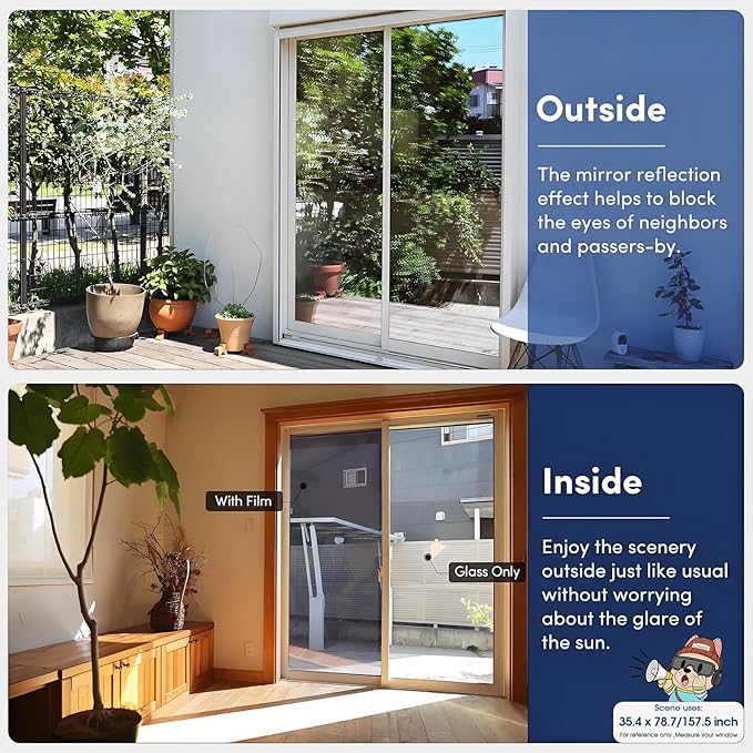 Coavas One Way Privacy Window Film, Heat Control Window Tint for Home, Sun Blocking Reflective Window Film See Out Not in, Anti UV Static Cling for Windows Office Door (Black, 45.2 Inch X 13.1 Feet)
