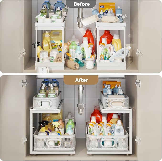 2 Pack 21IN-Depth Under Sink Organizer With Next-Gen Ball-Bearing Slides,2-Tier Precision Mesh Pull Out Cabinet Storage for B