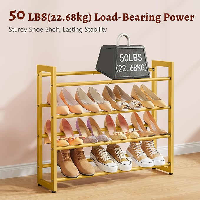 FAVOOSTY 4-Tier Expandable Shoe Rack, Adjustable Shoe Shelf Storage Organizer Space Saving Metal Free Standing Shoe Rack for 