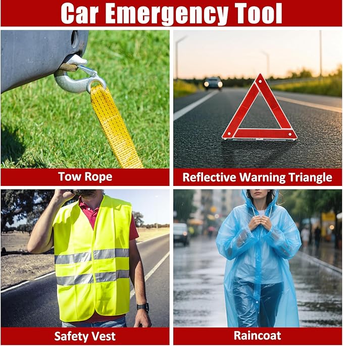 AUTODECO Car Roadside Emergency Kit, Car Safety Kit Portable Vehicle Kits for Emergency with Jumper Cables, Tow Straps, Safet