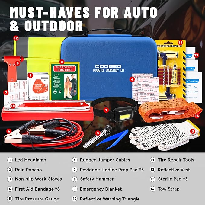 15PC Car Emergency Kit with Jumper Cables, Roadside Assistance Safety Kit for Auto & Truck, Includes Safety Hammers, Tow Stra