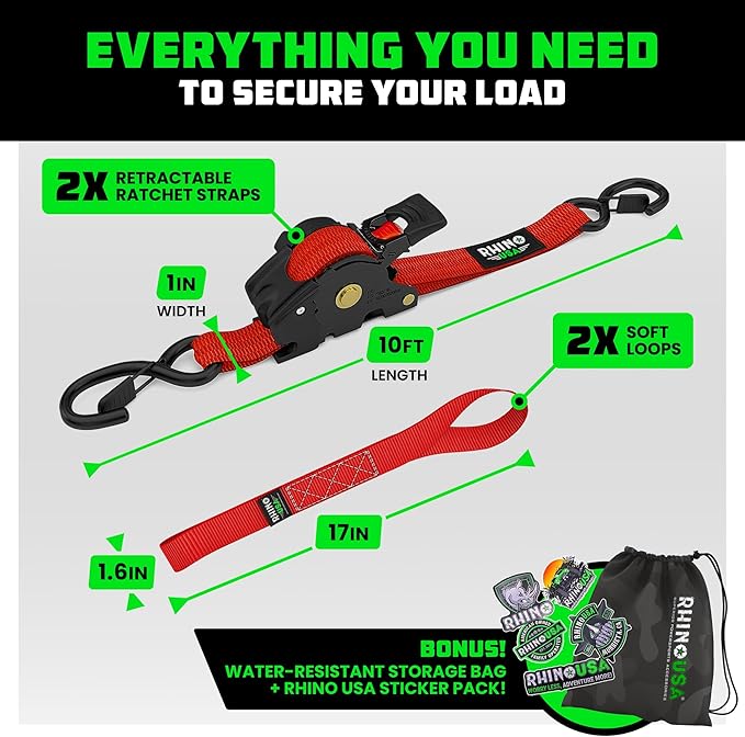 Rhino USA Retractable Ratchet Straps (2-Pack) - 1 Inch x 10 Feet (1,209lb Break Strength) - Auto Self Retracting Tie Down Straps for Truck, Cargo Trailer, Motorcycle, ATV, UTV - Red