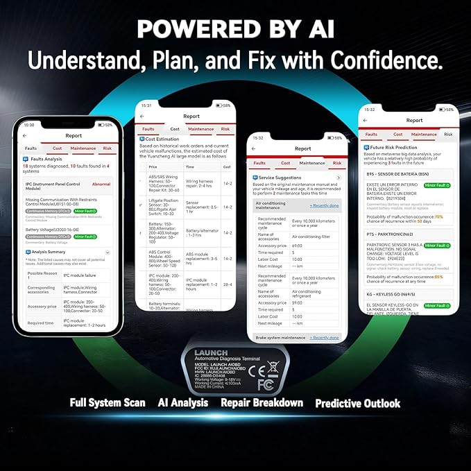 LAUNCH AIOBD Bluetooth OBD2 Scanner - Full System Diagnostics, AI Explains Faults Simply, Parts/Labor/Cost Estimates, Works