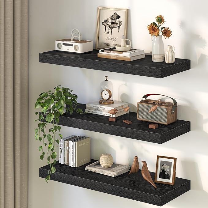 Fun Memories 12 Inch Deep Black Floating Shelf, 24 x 12 Rustic Wood Wall Shelf for Books, 2" Thick Deep Floating Shelf for St